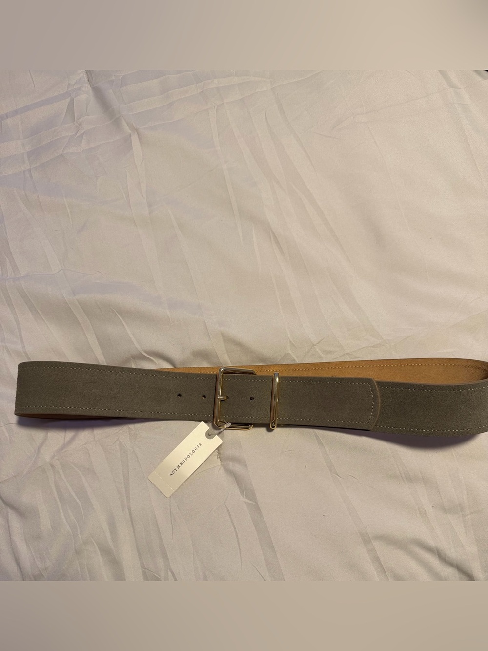Anthropologie Wide Gray Leather Belt with Gold-Tone Double Buckle